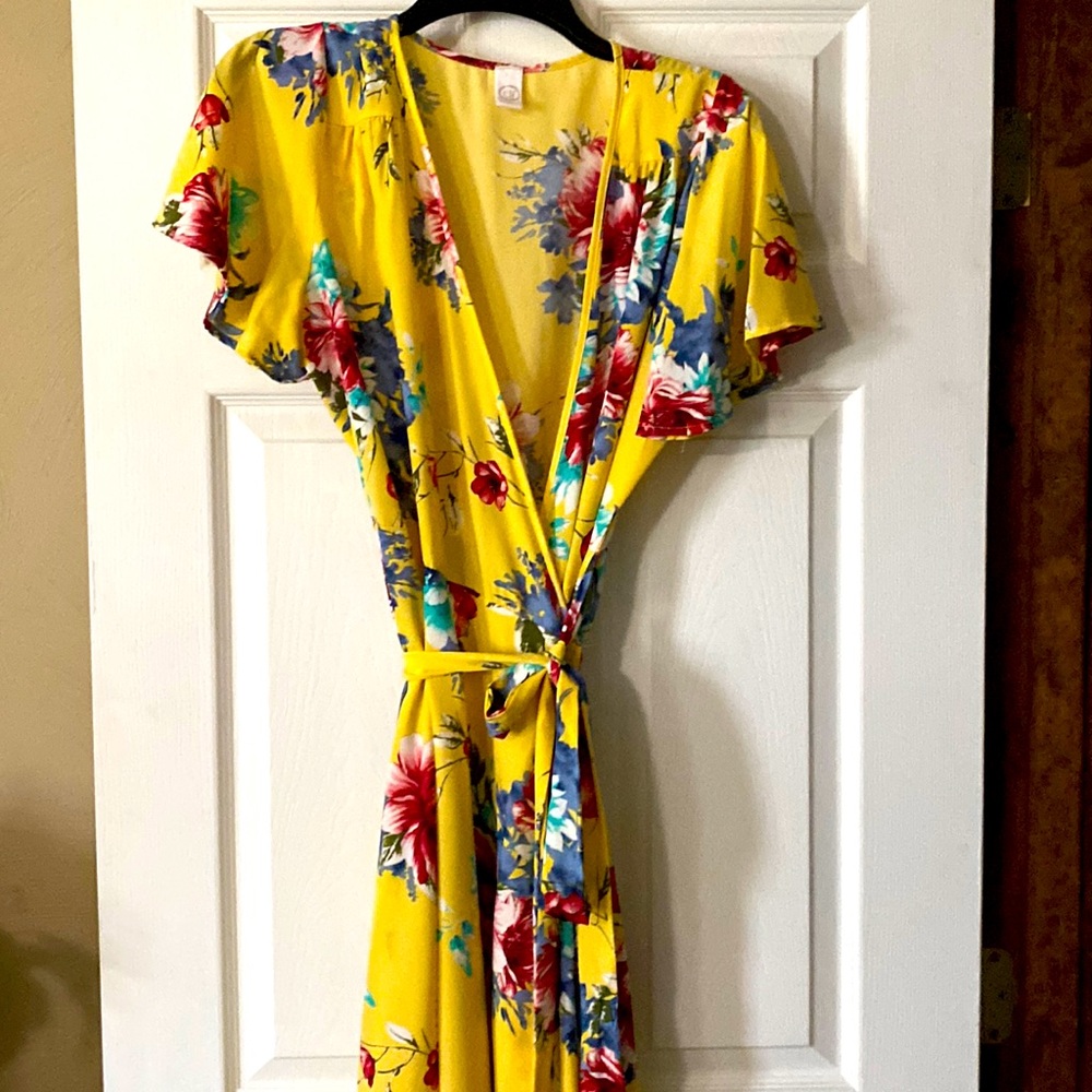 Yellow Floral CY fashion asymmetrical wrap dress